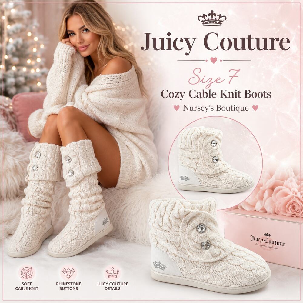 Juicy Couture Size 7 Cable Knit Sweater Boots Ivory Rhinestone Y2K McBling